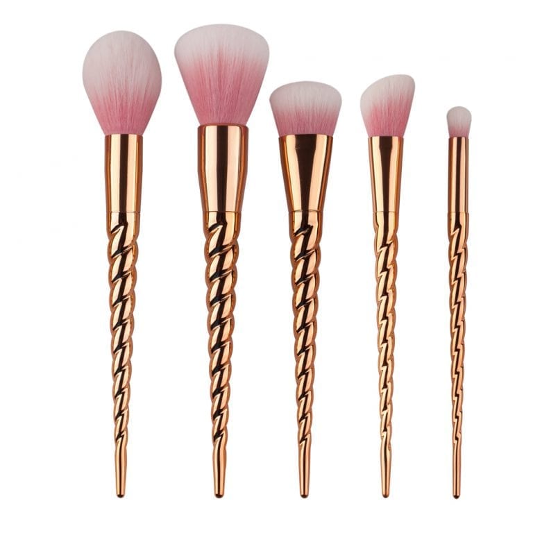 Glowii 5pcs Rose Gold Twist Unicorn Horn Handle Pink Hair Makeup Brush 