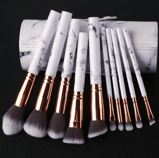 10pcs Marble Makeup Brush Set with PU Leather Organiser Case - White Handle - Image 6