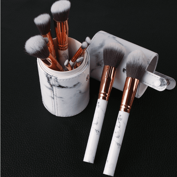 10pcs Marble Makeup Brush Set with PU Leather Organiser Case - White Handle