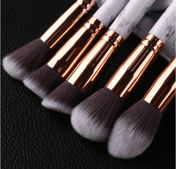 10pcs Marble Makeup Brush Set with PU Leather Organiser Case - White Handle - Image 3