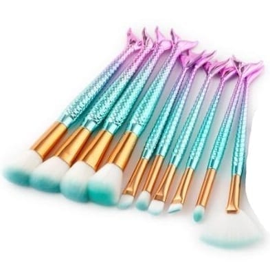 Glowii 10pcs Fishtail Mermaid Purple-Green Face & Eye Makeup Brush Set