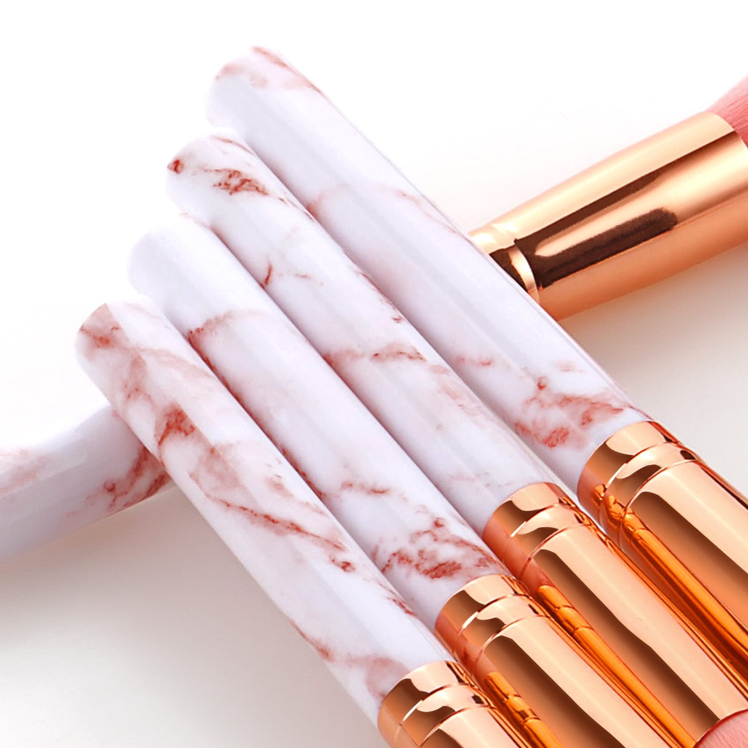 10pcs Marble Makeup Brush Set with PU Leather Organiser Case - Pink Hair - Image 2