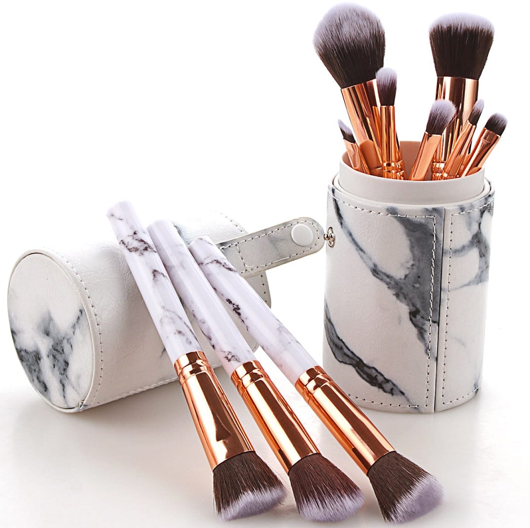10pcs Marble Makeup Brush Set with PU Leather Organiser Case White