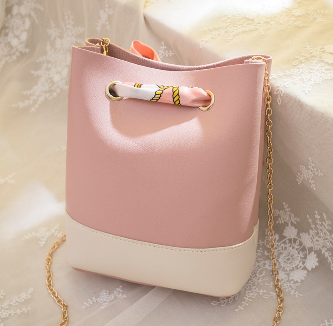 Mini Artificial Leather Crossbody Bucket Chain Bag with Scarf TY062
