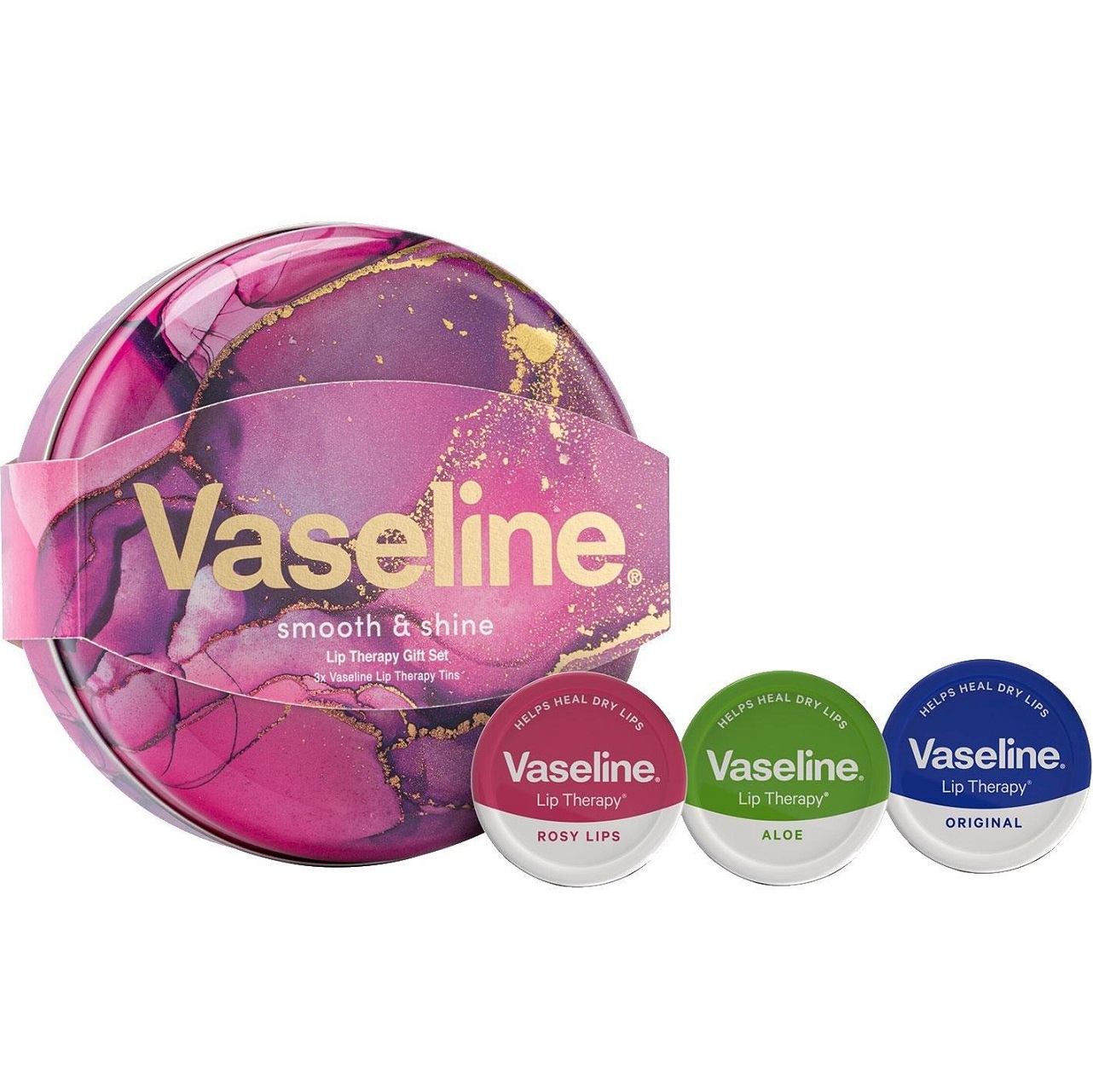 Vaseline Smooth & Shine Lip Therapy Rosy Selection Tin Gift Set 3 x 20g Colour Zone Cosmetics