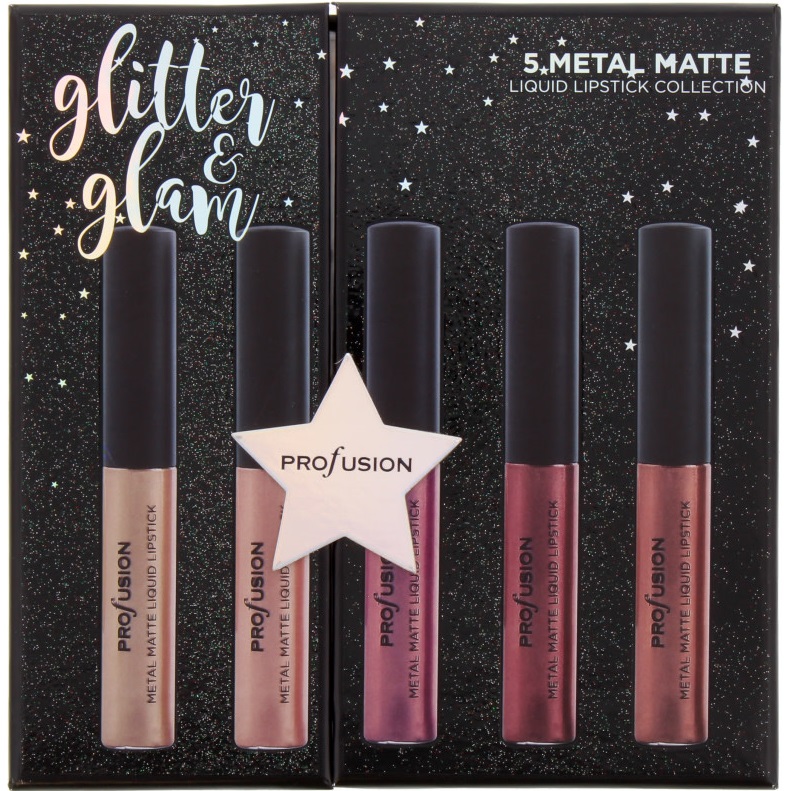 Profusion Glitter Glam 5pcs Metal Matte Liquid Lipstick Gift Set