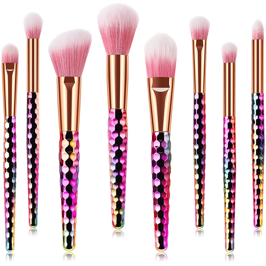 Glowii 8pcs Colourful Crystal Makeup Brush Set with PinkWhite Hair