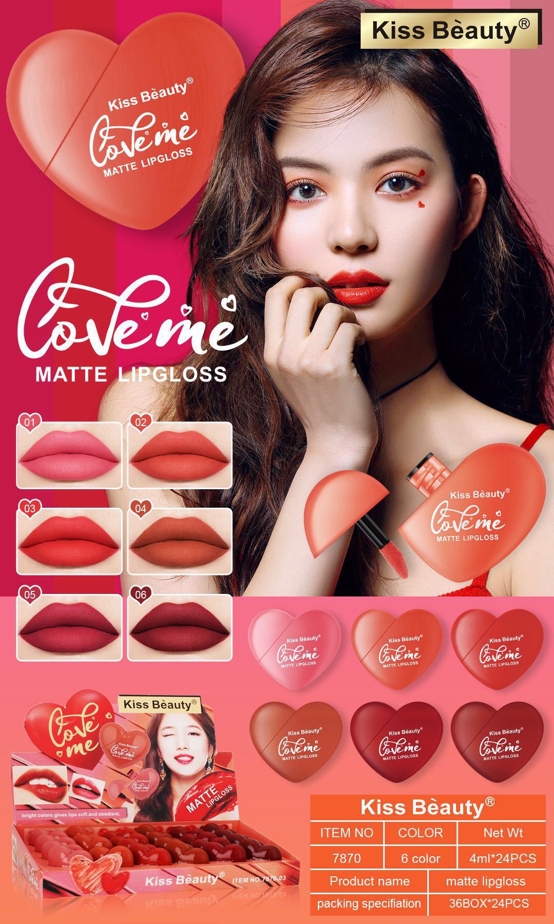 Kiss Beauty Cute Heart Shaped Liquid Lipstick 6 Shades (24 units with tray) Colour Zone Cosmetics
