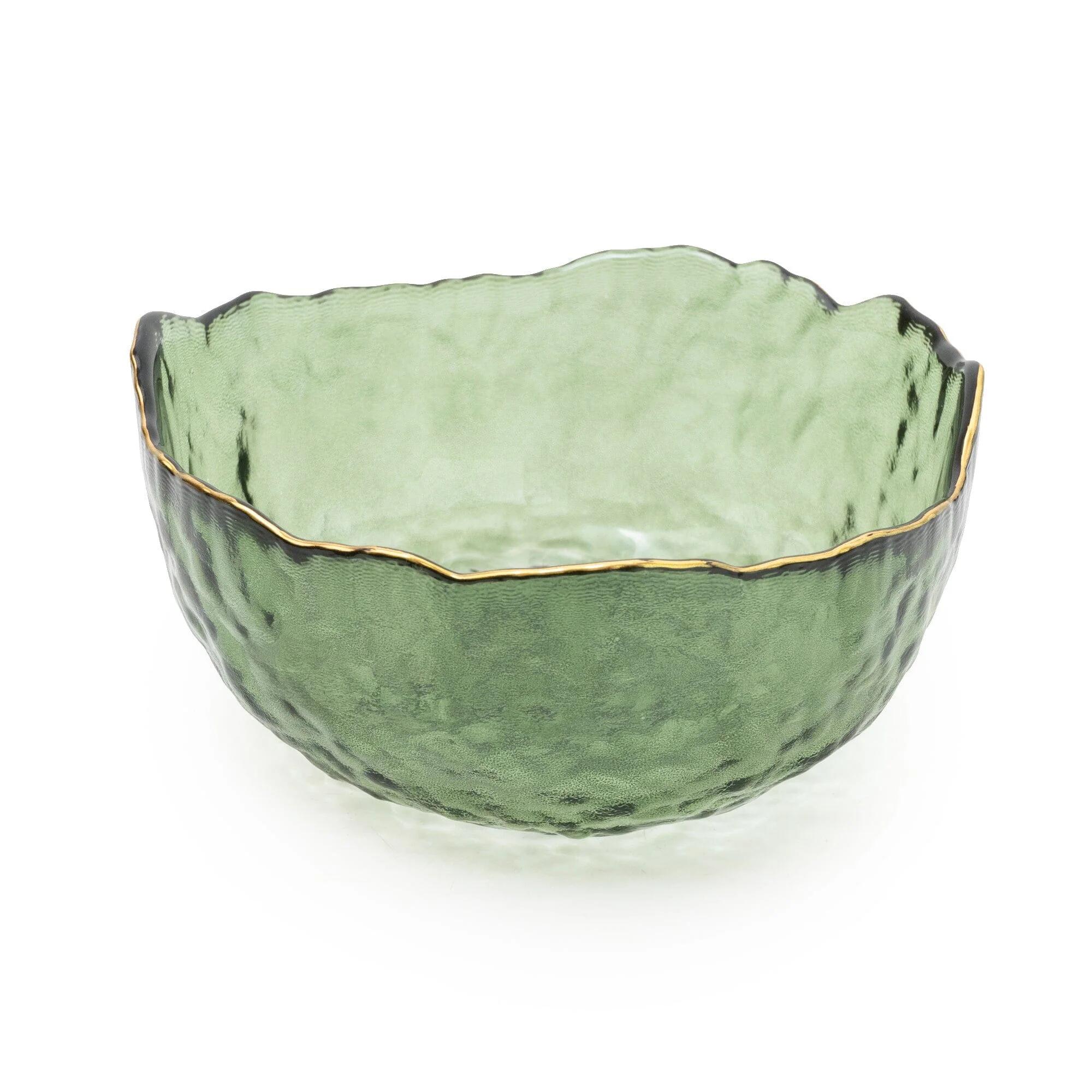 Green Glass Wavy Bowl With Gold Rim 13cm 1