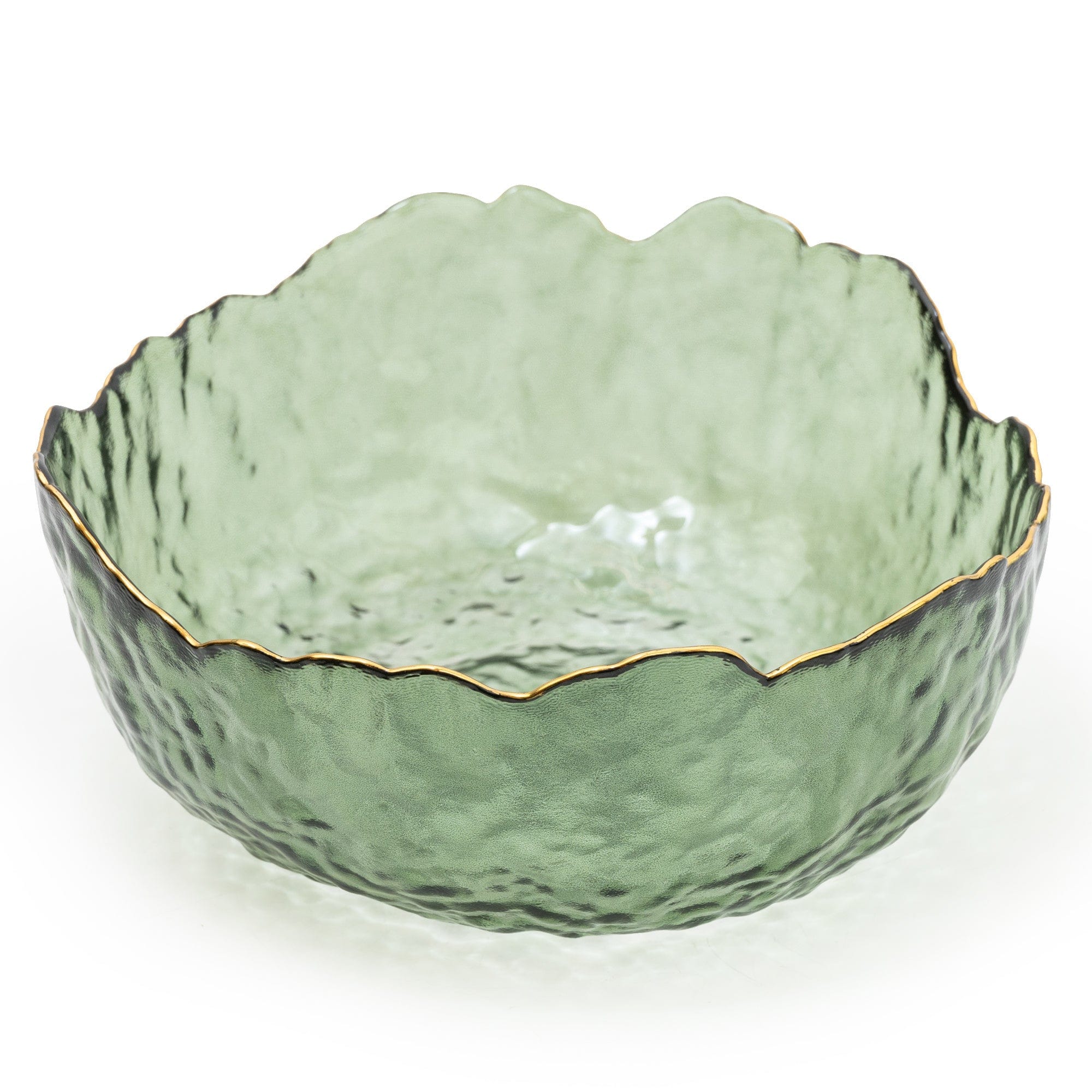 Green Glass Wavy Bowl With Gold Rim 13cm