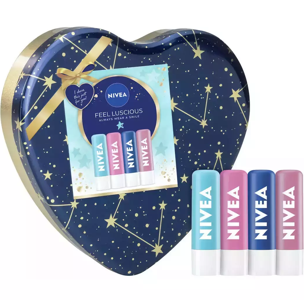 Nivea 4pcs Feel Luscious Lip Balm Heart Tin Gift Set
