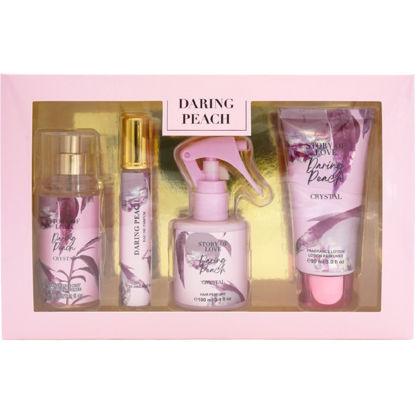 Story of Love 4pcs Body Lotion 90ml + Body Mist 88ml + Hair Perfume 100ml + EDP Perfume 20ml Gift Set - Daring Peach 1