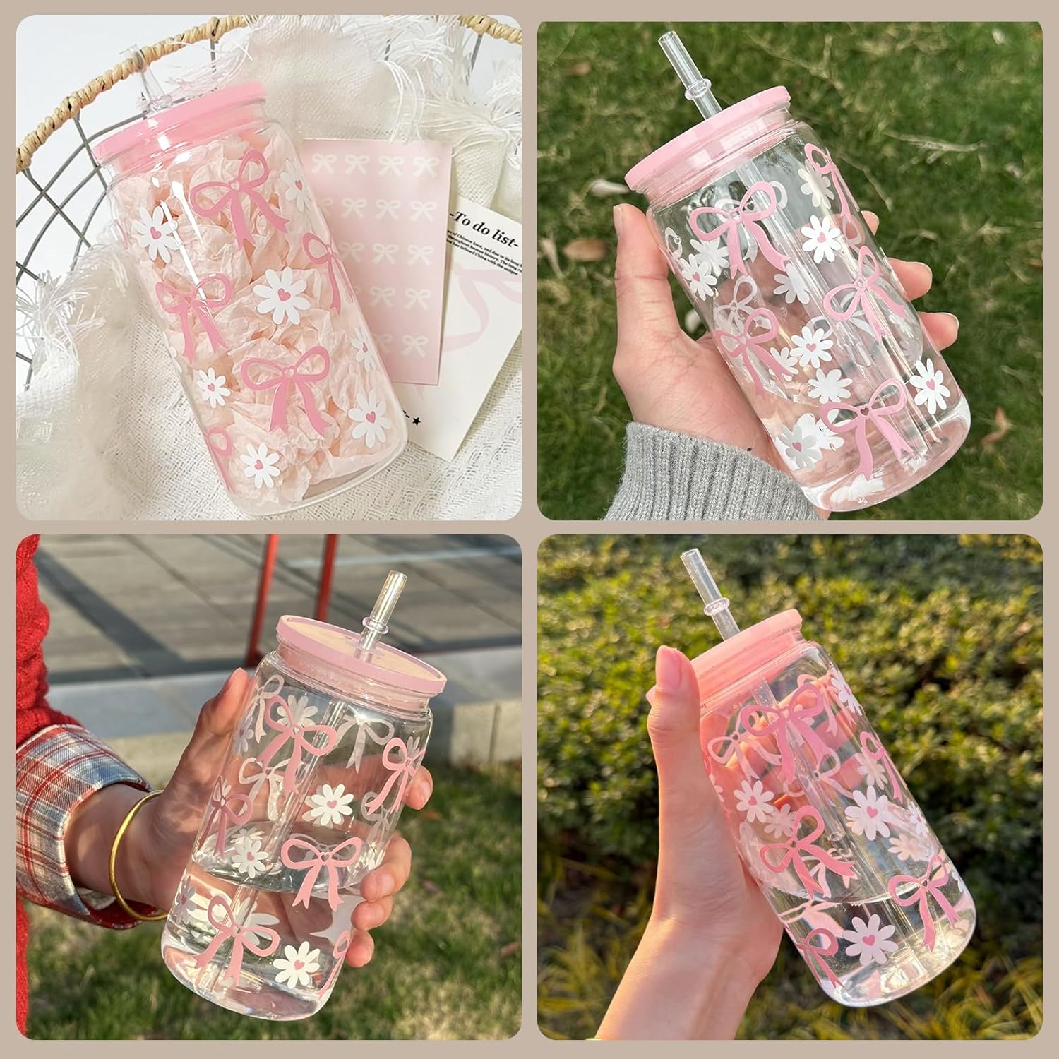 Glass Cup with Lid, Straw and Straw Brush Set - Daisy Pink Bow 1
