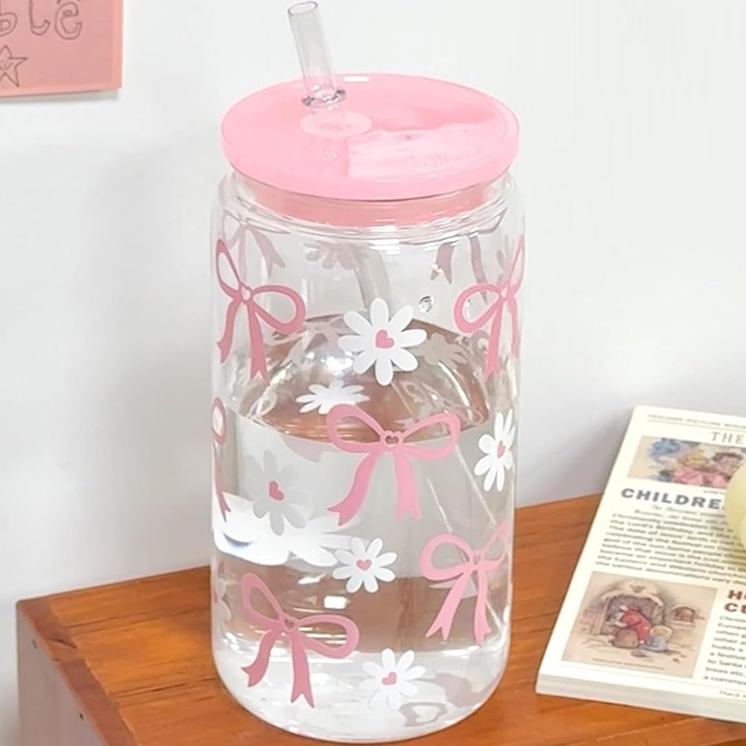 Glass Cup with Lid, Straw and Straw Brush Set - Daisy Pink Bow 2 -