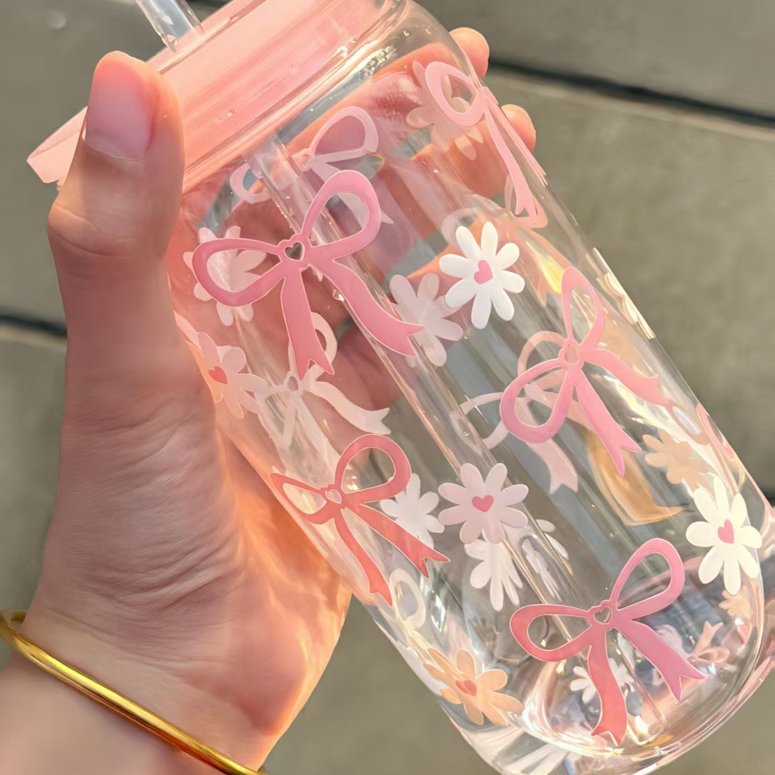 Glass Cup with Lid, Straw and Straw Brush Set - Daisy Pink Bow 3