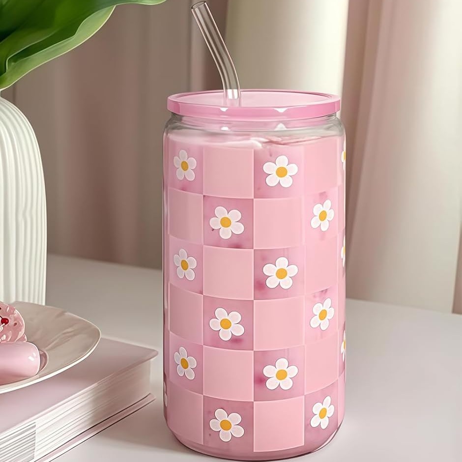 Glass Cup with Lid, Straw and Straw Brush Set - Sakura -