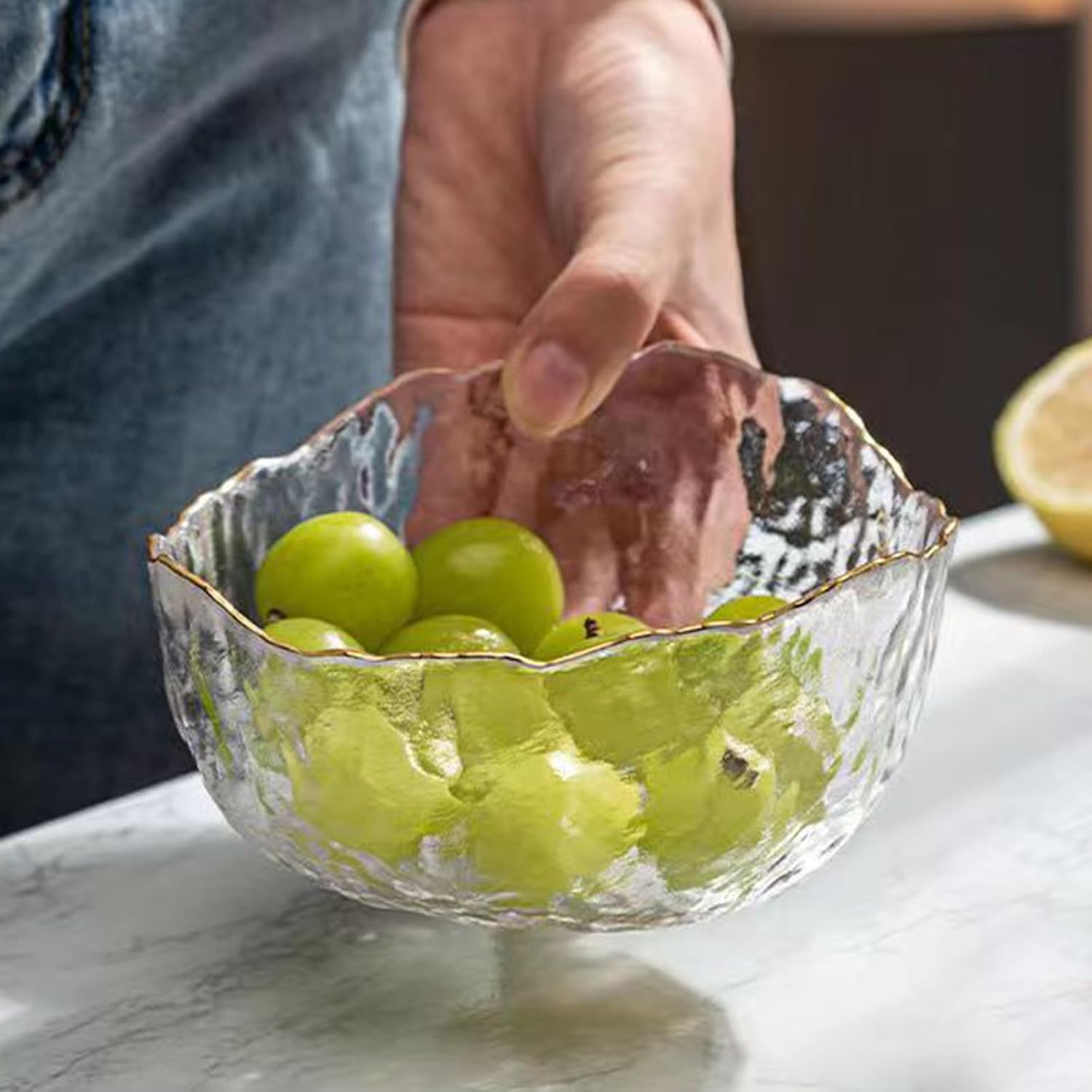 Clear Glass Wavy Bowl With Gold Rim 13cm 2