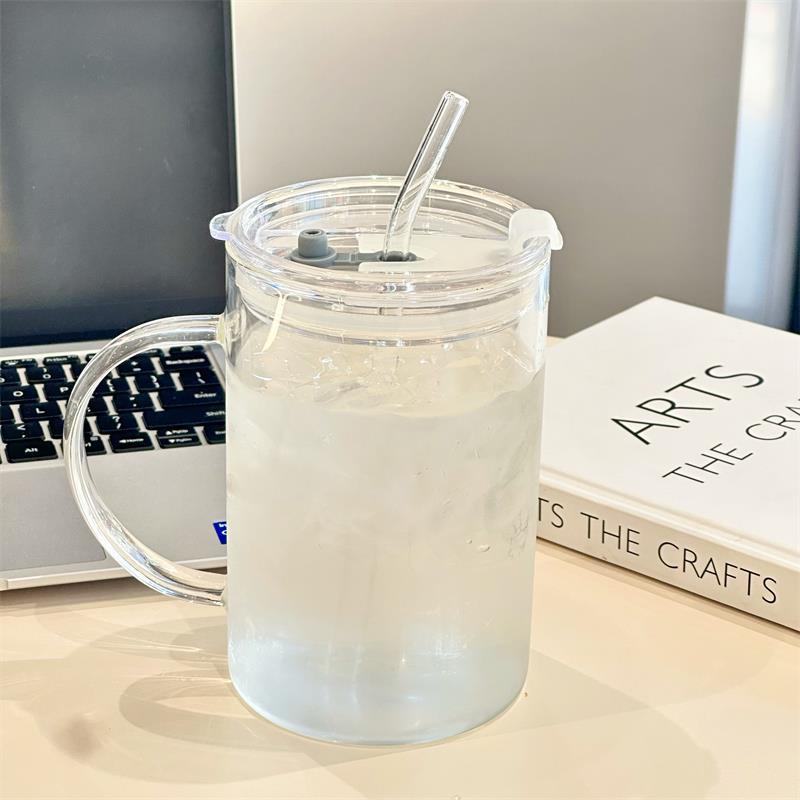 1L Large Glass Cup with Clear Handle, Clear Lid, Straw and 2 Pink Bows 3