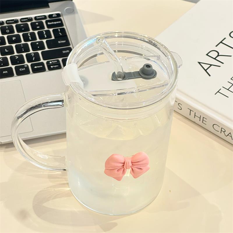 1L Large Glass Cup with Clear Handle, Clear Lid, Straw and 2 Pink Bows 4