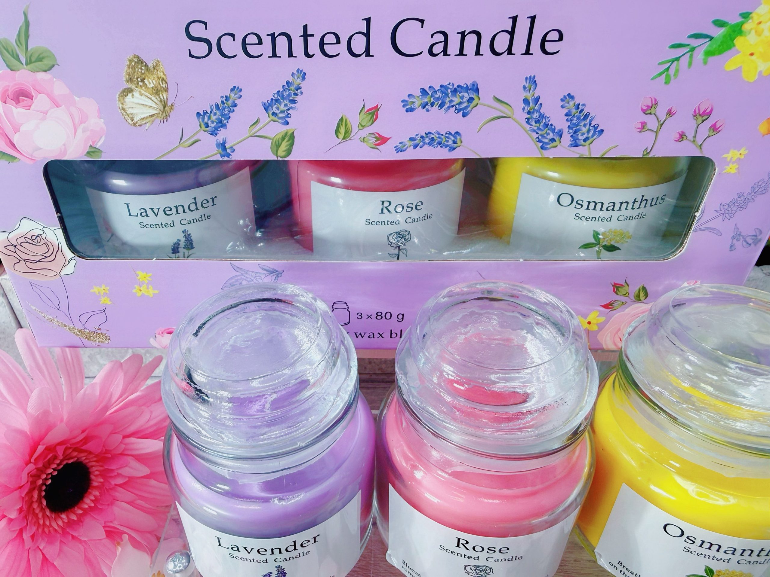 3pcs Scented Candle in Glass Jar with Purple Floral Box 3 x 80g 1