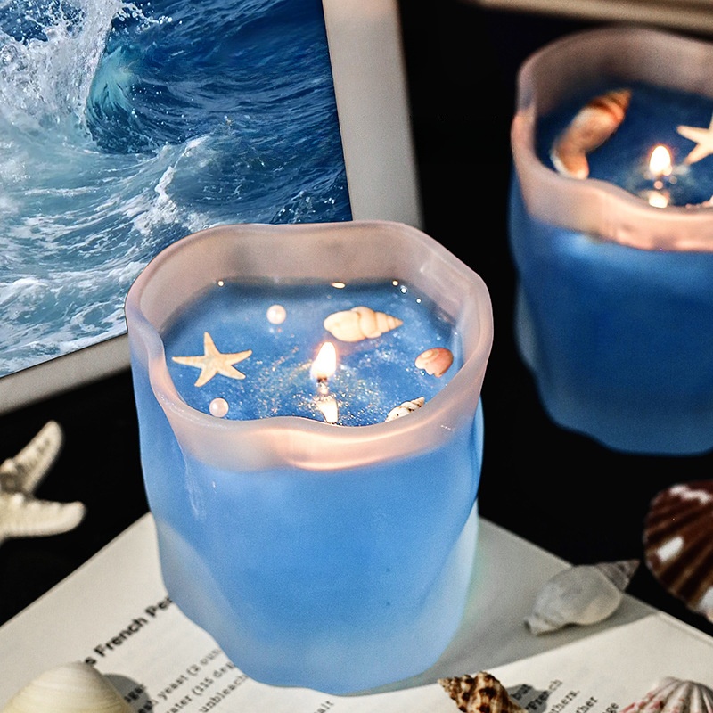 Fantacy Ocean Decorated Fraganced Candle in Frosted Glass Jar