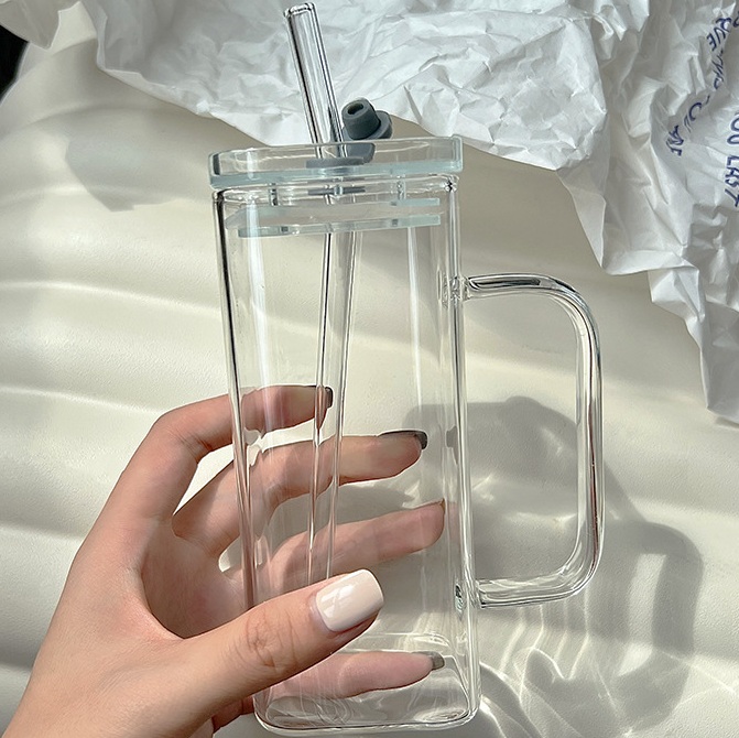 Glass Cup with Clear Handle, Clear Lid and Straw -