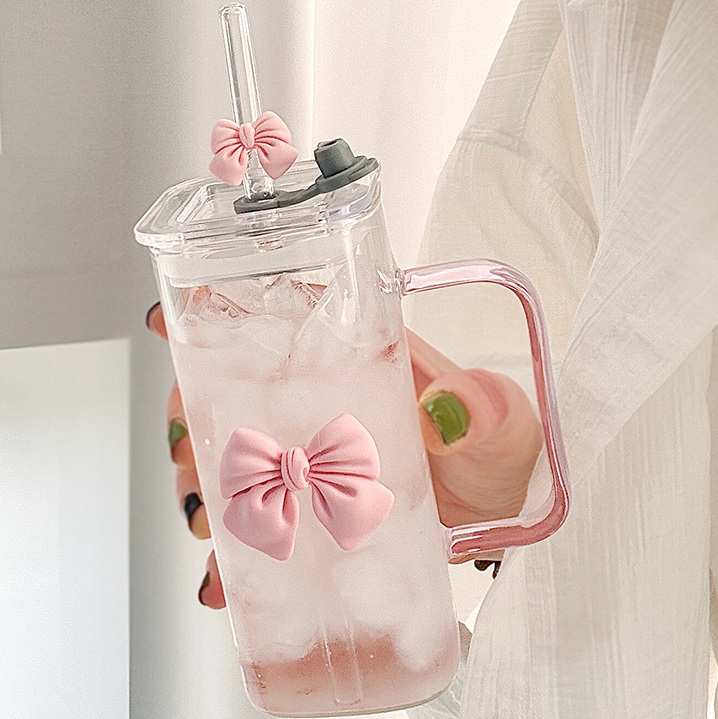 Glass Cup with Pink Handle, Clear Lid, Straw and 2 Pink Bows -