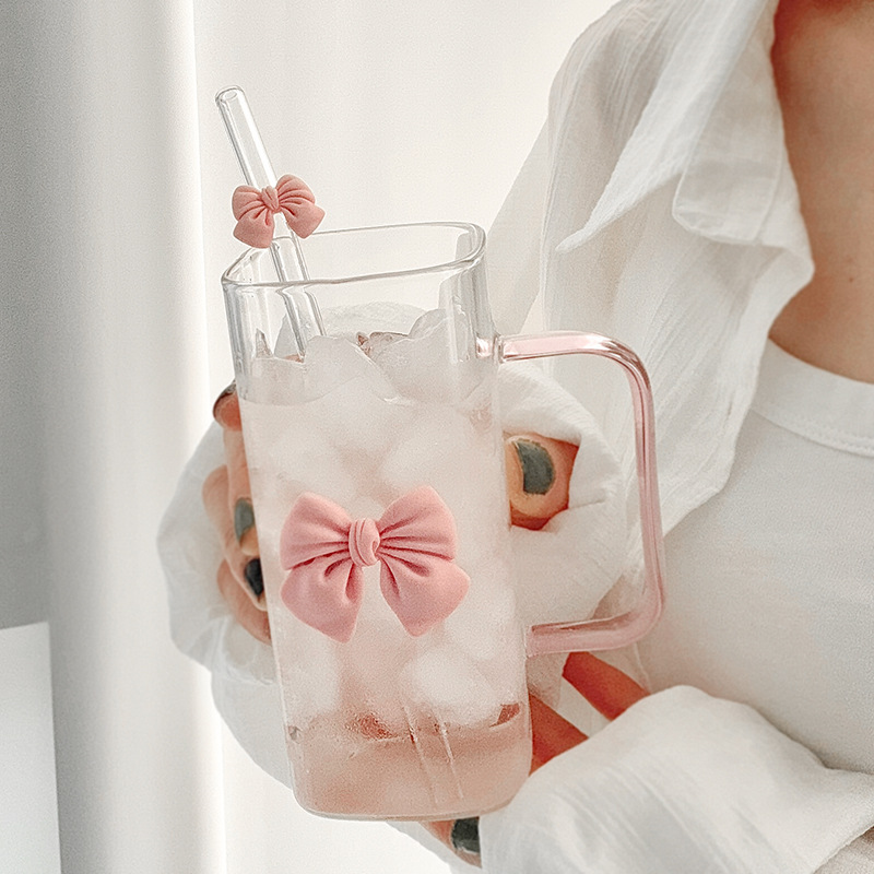Glass Cup with Pink Handle, Clear Lid, Straw and 2 Pink Bows 3