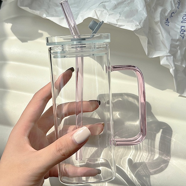 Glass Cup with Pink Handle, Clear Lid and Pink Straw -