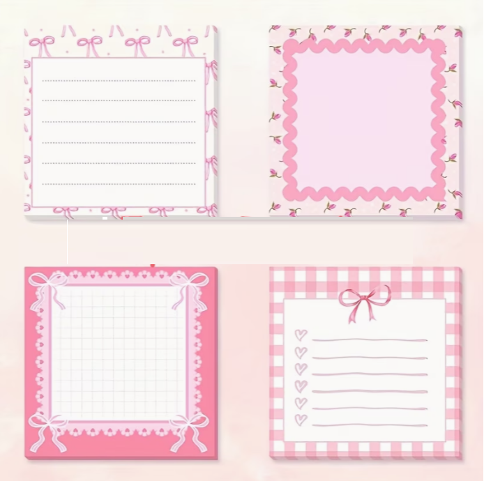 Pink Bow Sticky Note Pad Set 4 Designs x 30 Pages Per Pad