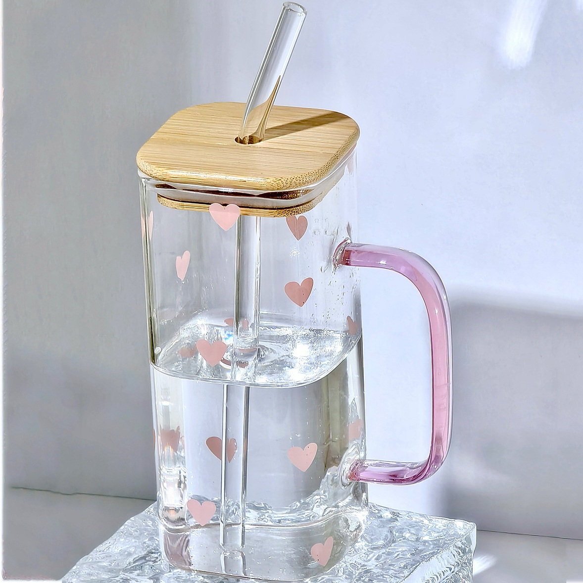 Pink Heart Glass Cup with Pink Handle, Lid and Straw
