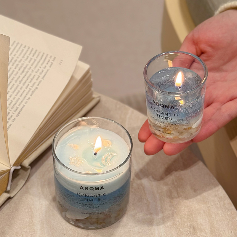 Romantic Ocean Times Decorated with Crystal Stones and Seashells Fraganced Candle in Glass Jar 2