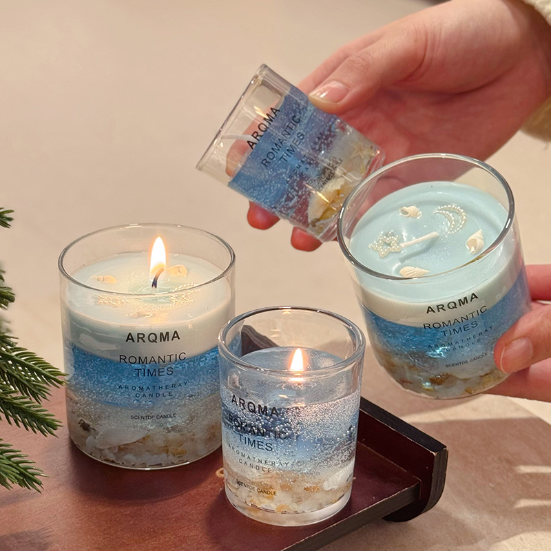 Romantic Ocean Times Decorated with Crystal Stones and Seashells Fraganced Candle in Glass Jar