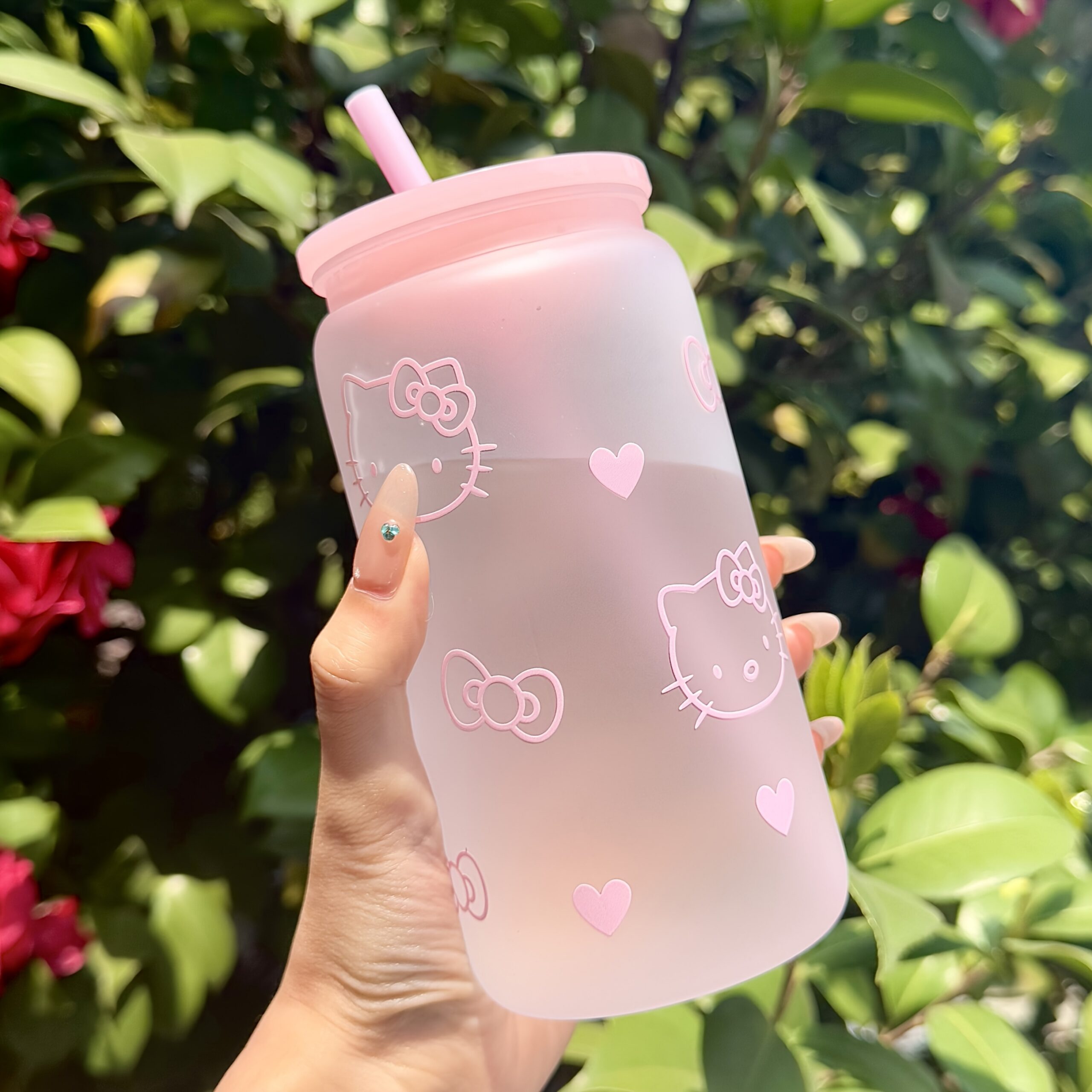 Frosted Glass Cup with Lid, Straw and Straw Brush Set - Pink Cute Kity - Image 2