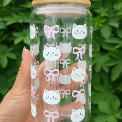 Glass Cup with Lid, Straw and Straw Brush Set - Kitten Pink Bow