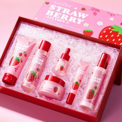Sadoer Strawberry + Vitamin C 6pcs Skincare Set (Face Cleanser, Toner, Face Lotion, Serum, Eye Cream n Face Cream)