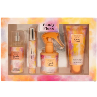 Story of Love 4pcs Body Lotion 90ml + Body Mist 88ml + Hair Perfume 100ml + EDP Perfume 20ml Gift Set - Candy Floss