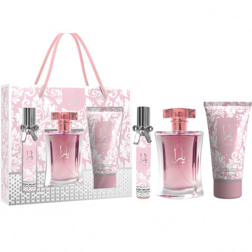 Yara Pink 3pcs Perfume and Lotion Gift Set (Body and Hair Fragrance Spray Mist 50ml + 20ml, Fragranced Lotion 90ml)