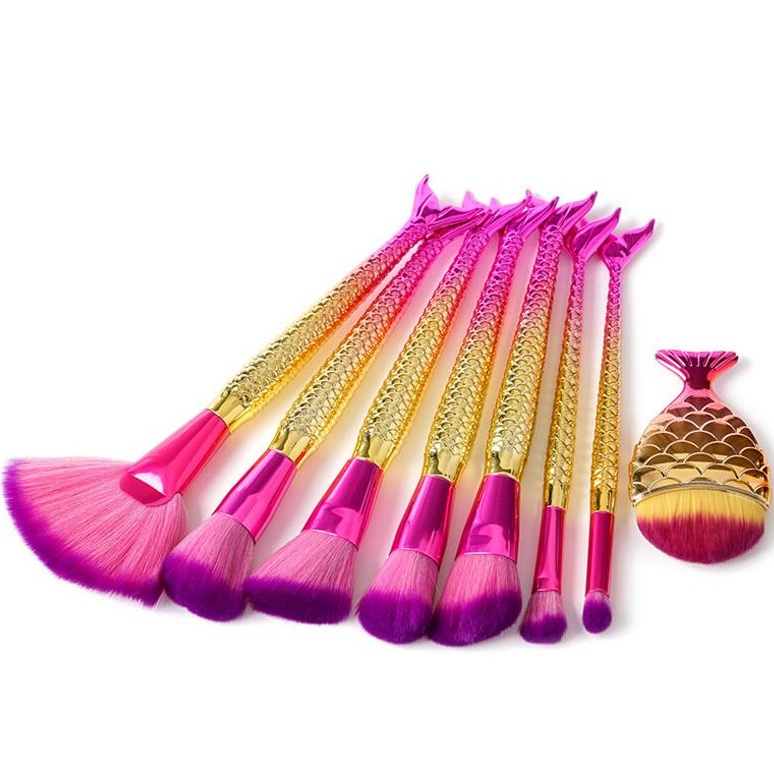Glowii 8pcs Mermaid Fishtail Makeup Brush Set - Gold Pink
